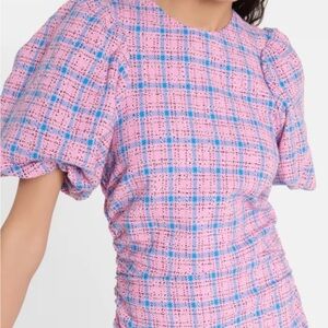 Pink and Blue Plaid Puff Sleeve Dress